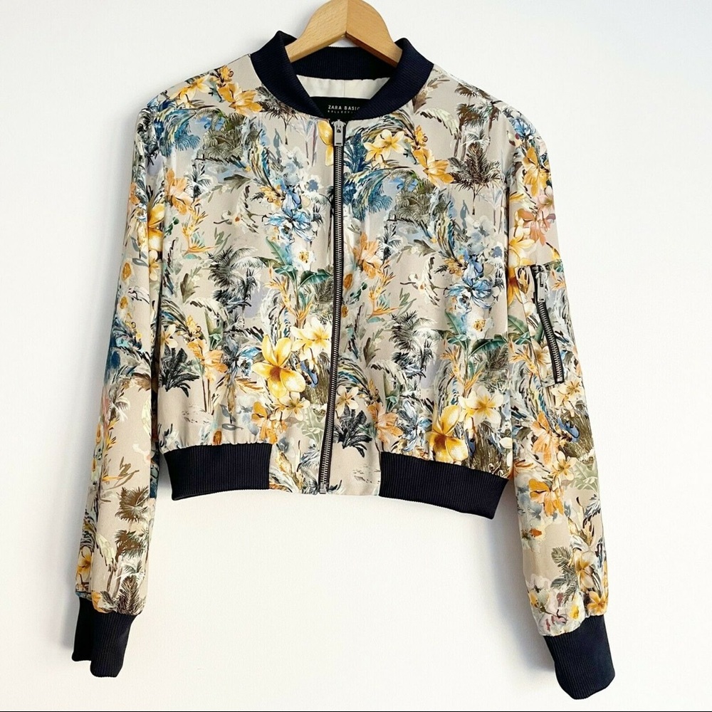Zara Basic Tropical Cropped Bomber Jacket Front Zipper | S